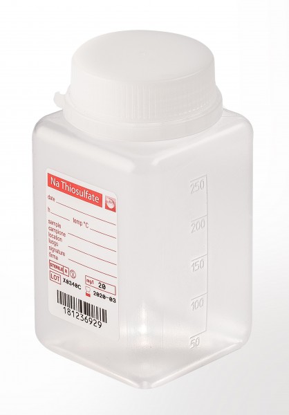 sterile Weithalsflasche mit 5 mg Natriumthiosulfat, 250 ml, PP, VE 216 St. natur, quadratisch, Origi