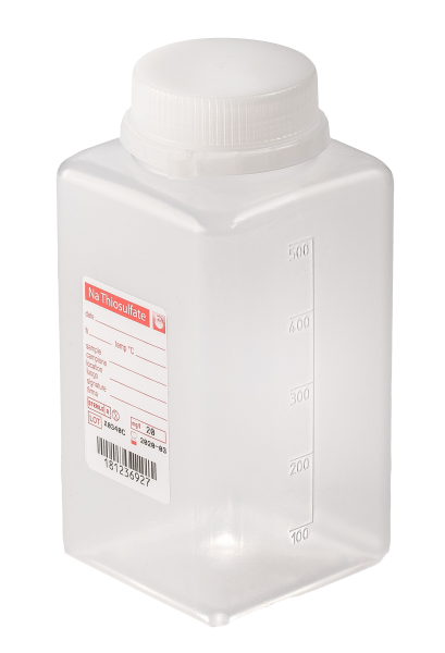 sterile Weithalsflasche mit 10 mg Natriumthiosulfat, 500 ml, PP, VE 120 St. natur, quadratisch, Orig