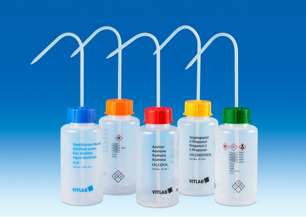 VITsafe Weithals-Spritzflasche PE-LD 500 ml Aufdruck Destilliertes Wasser, VENT-CAP in blau