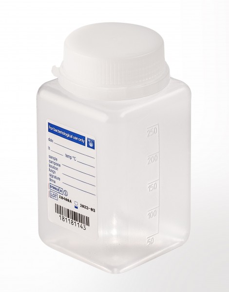 sterile Weithalsflasche, 250 ml, PP, natur, VE 216 St. quadratische Form, Maße 115 x 60 x 60 mm, Ge