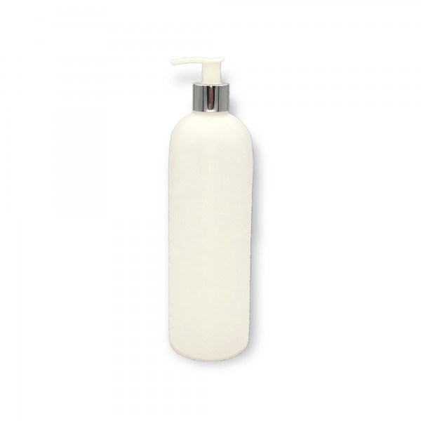 Rundflasche HDPE natur 500 ml mit Dosierspender PP chrom/weiss
