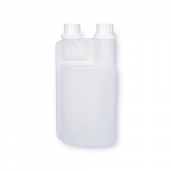 Dosierflasche 500 ml mit 25-ml-Dosierkammer und Etikettenbereich ca. 8cm x 10,5cm aus HD-PE natur mi