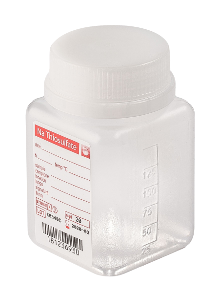 sterile Weithalsflasche mit 2,5 mg Natriumthiosulfat, 125 ml, PP, VE 350 St. natur, quadratisch, Ori