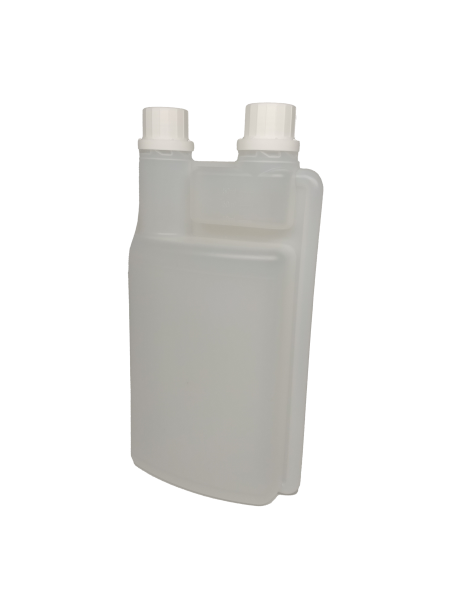 Dosierflasche 1000 ml mit 60-ml-Dosierkammer und Etikettenbereich ca.14,5 x 10,0 cm aus HD-PE natur