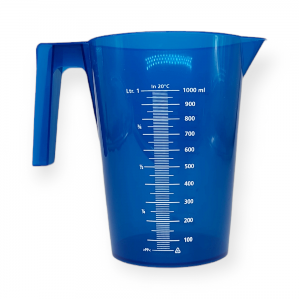 Messbecher 1000 ml, blau , stapelbar, PP mit stabilem Griff und beidseitig bedruckter Skala