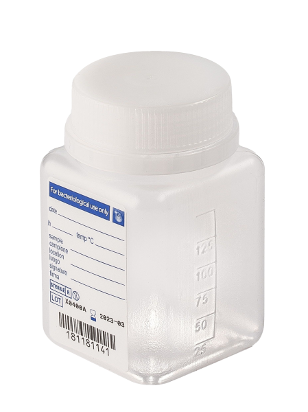 sterile Weithalsflasche, 125 ml, PP, VE 350 St. natur, quadratisch, Originalitätsverschluss