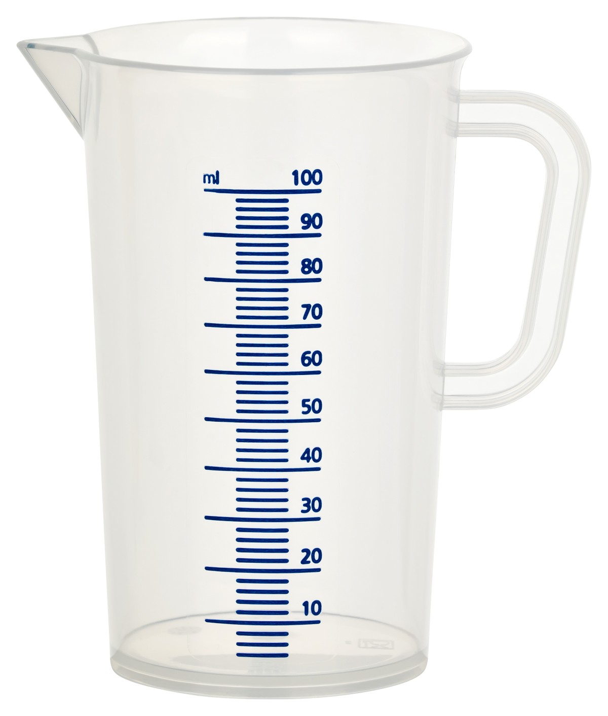 Messbecher PP 100 ml, blaue Skala, geschlossener Griff ROTERT