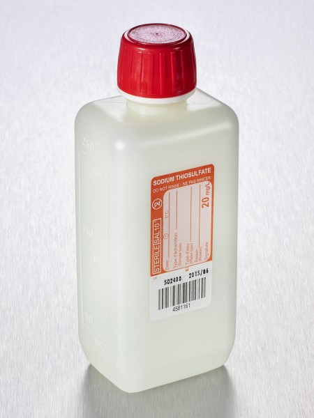 sterile Enghalsflasche mit 5 mg Natriumthiosulfat, 250 ml, HDPE, VE 312 St. rechteckig, auslaufsiche