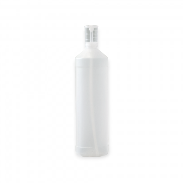 1000ml Flasche, HDPE, natur, rund, "E" mit Dosiersystem 28-400 mit 20ml Dosierkopf