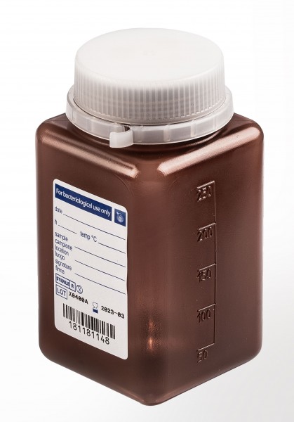 sterile Weithalsflasche, 250 ml, PP, braun, VE 216 St. quadratisch, Originalitätsverschluss