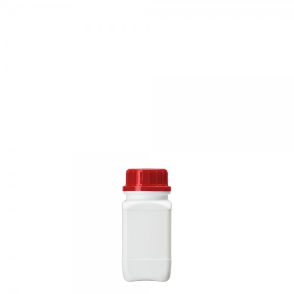 Weithalsflasche vierkant weiß, 250 ml mit Originalitätsverschluss rot m. UN-Zulassung