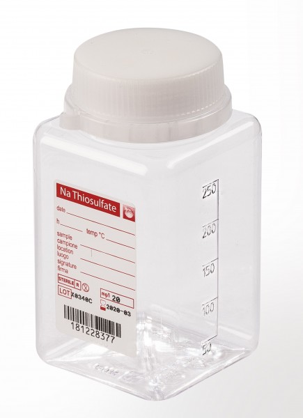 sterile Weithalsflasche mit 5 mg Natriumthiosulfat, 250 ml, PET-G, VE 216 St. transparent, quadratis