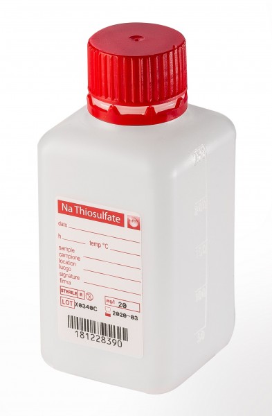 sterile Enghalsflasche, 250 ml, HDPE, natur, Gewinde 32 mm, mit 5 mg Natriumthiosulfat, VE 280 St.
