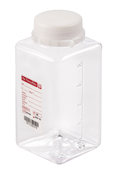 sterile Weithalsflasche mit 10 mg Natriumthiosulfat, 500 ml, PET-G, VE 120 St. transparent, quadrati