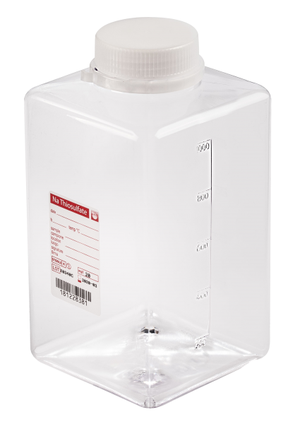 sterile Weithalsflasche mit 20 mg Natriumthiosulfat, 1000 ml, PET, VE 72 St. transparent, quadratisc