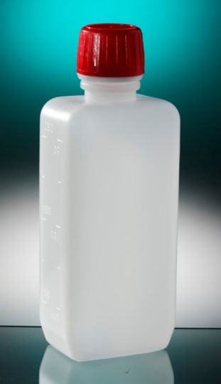 sterile Enghalsflasche OHNE Etikett, 250 ml, HDPE, VE 312 St. rechteckig, auslaufsicher, Originalitä