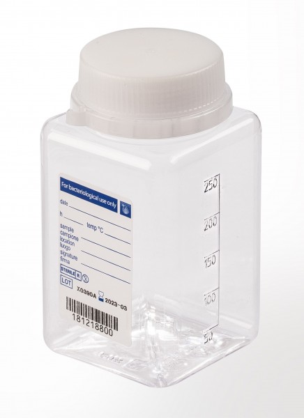 sterile Weithalsflasche, 250 ml, PET-G, VE 216 St. transparent, quadratisch, Originalitätsverschluss