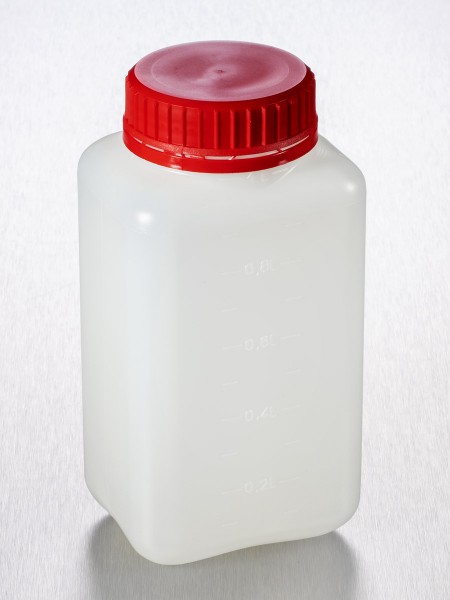 sterile Weithalsflasche OHNE ETIKETT, 1000 ml, HDPE, VE 85 St. natur, rechteckig, Schraubkappe [LC10