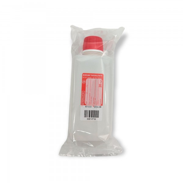 sterile Enghalsflasche mit 5mg Natriumthiosulfat, 250ml, HDPE, VE 200 St. rechteckig, auslaufsicher,