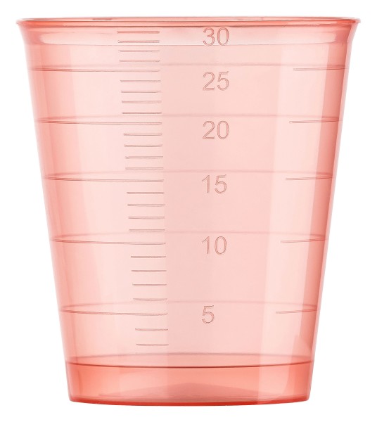 Messbecher / Dosierbecher aus PP rot, 30 ml mit Skala, Beutel = 75 Stück