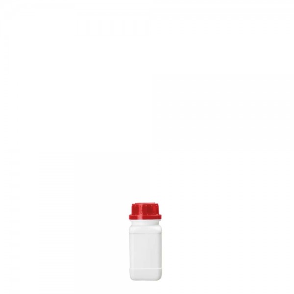 Weithalsflasche vierkant weiß, 100 ml mit Originalitätsverschluss rot m. UN-Zulassung