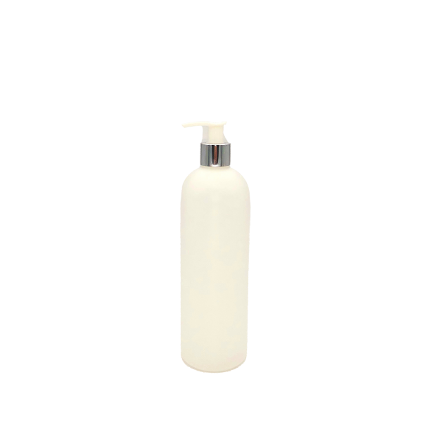 Rundflasche HDPE natur 500 ml mit Dosierspender PP chrom/weiss