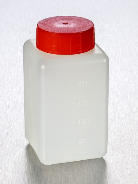 sterile Weithalsflasche, 250 ml, HDPE, VE 182 St. natur, quadratisch, Schraubkappe, einzeln steril v