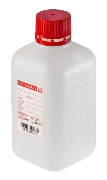 sterile Enghalsflasche mit 10 mg Natriumthiosulfat, 500 ml, HDPE, VE 120 St. quadratisch, Originalit