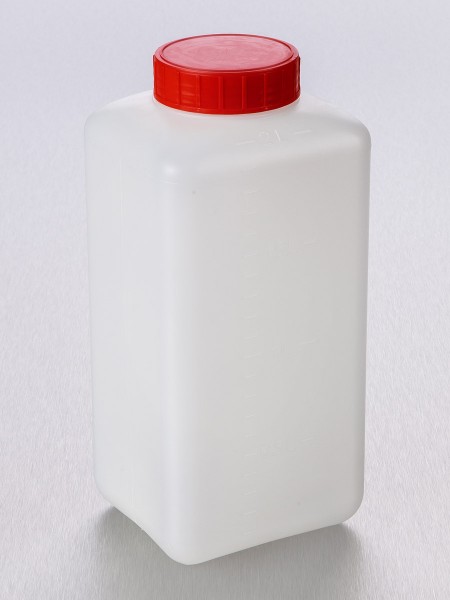 sterile Weithalsflasche OHNE Verschlussetikett, 2000 ml, HDPE, VE 50 St. natur, rechteckig, Schraubk