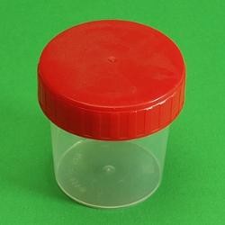 Probenbehälter 180 ml, PP, transparent mit Schraubkappe rot, Steril R, VE 200 St. runde Form, Maße 8