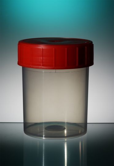 Probenbehälter Randvollvolum 150 ml, PP, transparent, mit Schraubkappe rot, VE 260 St. runde Form, M
