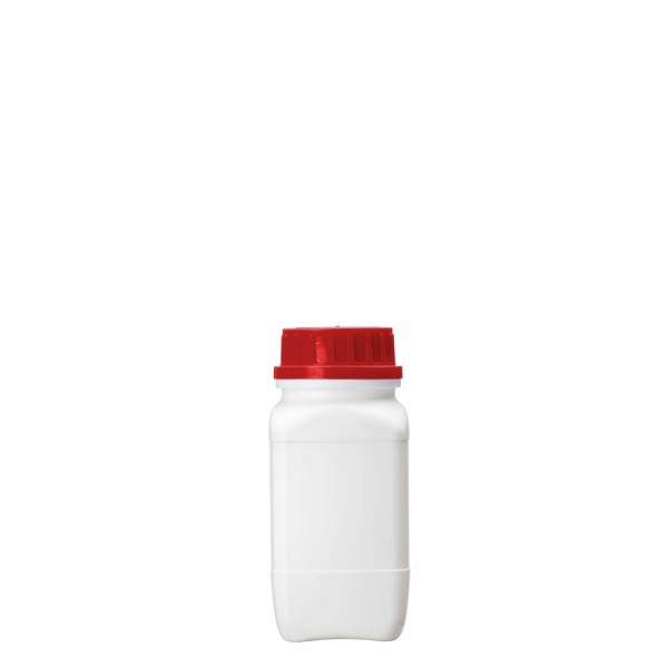 Weithalsflasche vierkant weiß, 500 ml mit Originalitätsverschluss rot m. UN-Zulassung