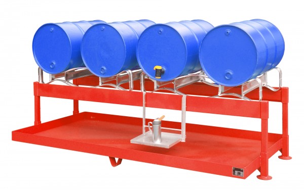 Fass-Abfüllstation FAS-4, lackiert - feuerrot 1300x2900x735mm, 4 x 200-l-Fässer, 285 Liter