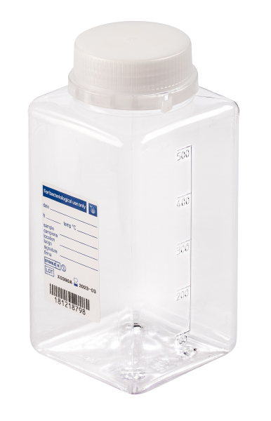 sterile Weithalsflasche, 500 ml, PET, VE 120 St. transparent, quadratisch, Originalitätsverschluss