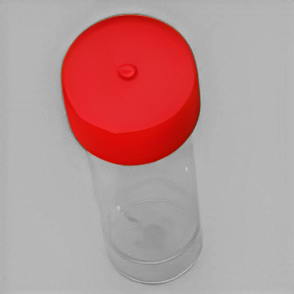 Probenbehälter steril, 25 ml, PP, transparent mit Schraubkappe rot, VE 1000 St. rund, auslaufsicher