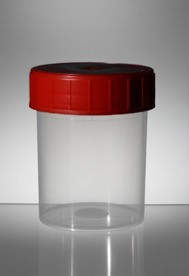 Probenbehälter Randvollvolumen 180 ml, PP, transparent mit Schraubkappe rot, VE 200 St. runde Form,