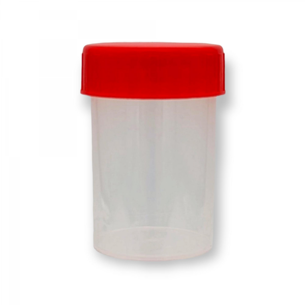 Probenbehälter 60ml, PP transparent, mit Schraubkappe rot, VE 600 St. runde Form, Maße 60mm(H), Durc