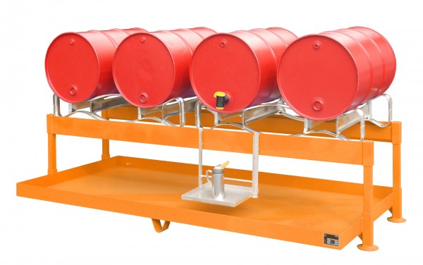 Fass-Abfüllstation FAS-4, lackiert - gelborange 1300x2900x735mm, 4 x 200-l-Fässer, 285 Liter