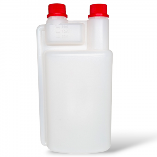 Dosierflasche 1000 ml mit 50/60-ml-Dosierkammer aus HD-PE natur mit 2 Öffnungen, inkl. roten Verschl